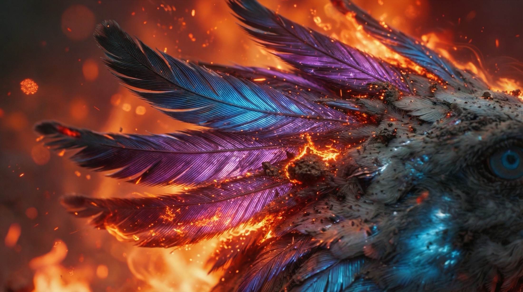 Phoenix feathers ignited in violet, blue and ember