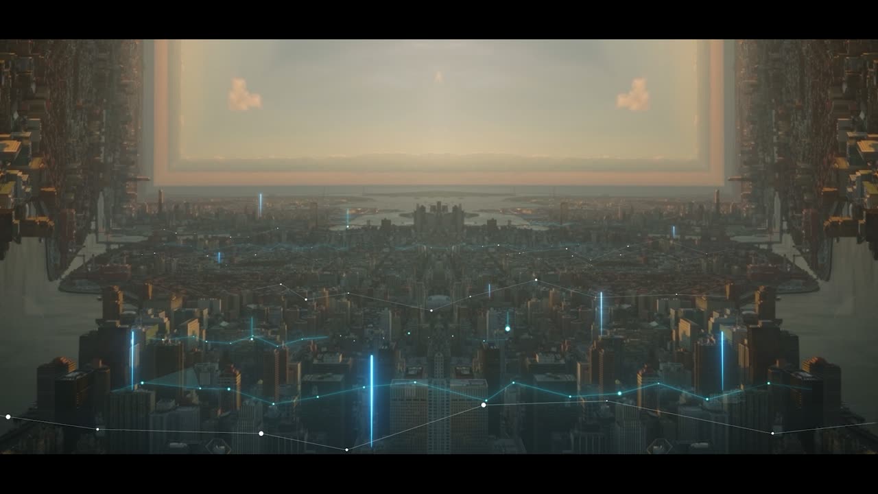 Akasha trailer — futuristic city laced with blockchain network lines